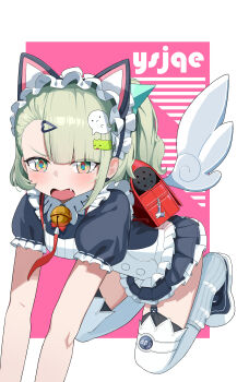 Rule 34 | 1girl, absurdres, animal ear hairband, animal ears, bag, bell, blush, cat ear hairband, cat ears, commentary request, earrings, fake animal ears, fingernails, ghost hair ornament, green eyes, green hair, green nails, hair ornament, hairband, heart, heart earrings, heart hands, highres, jewelry, looking at viewer, maid, maid headdress, multiple hair clips, neck bell, pink background, ponytail, red bag, solo, sunna (afternoon tea break) (zenless zone zero), sunna (zenless zone zero), thick thighs, thighs, triangle hair ornament, wang qi-er, white wings, winged bag, wings, zenless zone zero