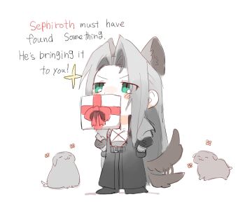 Rule 34 | 1boy, animal, animal ears, armor, black boots, black coat, black gloves, black pants, blush stickers, boots, bracer, chibi, chibi only, coat, commentary, dog, dog boy, dog ears, dog tail, english commentary, english text, final fantasy, final fantasy vii, full body, gift, gloves, green eyes, grey hair, hands on own hips, happy aura, hattouissenbaka, highres, kemonomimi mode, long hair, long sleeves, looking up, male focus, mouth hold, pants, pauldrons, sephiroth, shoulder armor, solo focus, sparkle, spoken flower, standing, tail, tail wagging, very long hair, white background