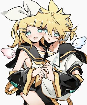 1boy 1girl absurdres aqua_eyes arrow_(projectile) black_sailor_collar black_shorts black_sleeves blush detached_sleeves gyu9447 hair_between_eyes hair_ornament hair_ribbon hairband hairclip headgear heart heart-shaped_pupils highres holding holding_arrow holding_hands kagamine_len kagamine_rin medium_hair mini_wings open_mouth ponytail puffy_short_sleeves puffy_sleeves ribbon sailor_collar shirt short_ponytail short_sleeves shorts sleeveless sleeveless_shirt smile spiked_hair swept_bangs symbol-shaped_pupils upper_body vocaloid white_background white_hairband white_ribbon white_shirt wings