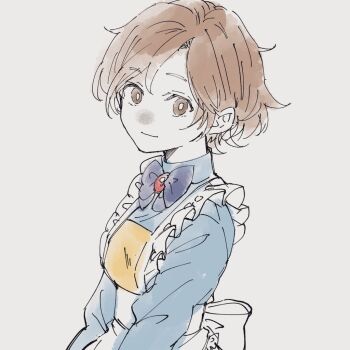 1girl apron blue_dress bokujou_monogatari bokujou_monogatari_2 bow bowtie brown_eyes brown_hair closed_mouth commentary_request dress elli_(bokujou_monogatari) grey_background long_sleeves looking_at_viewer purple_bow purple_bowtie roji_(c2263r) short_hair simple_background smile solo