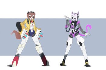 2girls :d arm_at_side arm_cannon arm_up arms_at_sides black_sclera brown_eyes colored_sclera commentary deevious_deevi dual_arm_cannons english_commentary fangs full_body highres hologram hololive inugami_korone inugami_korone_(1st_costume) joints looking_at_viewer mechanical_ears mechanical_hair mechanization metal_skin missile multiple_girls nekomata_okayu nekomata_okayu_(1st_costume) open_hands open_mouth purple_eyes robot_girl robot_joints shadow simple_background skin_fangs smile standing symbol-shaped_pupils tail virtual_youtuber weapon wire