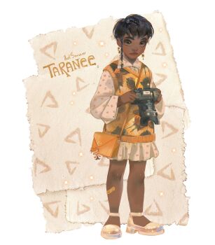 1girl anxiety_(inside_out_2) bag bag_charm bandaid bandaid_on_leg bare_legs beads black_hair border braid brown_eyes camera character_charm character_name charm_(object) closed_mouth collared_dress commentary dark-skinned_female dark_skin disney dress earrings english_commentary expressionless floral_print flower flower_earrings full_body hair_beads hair_ornament happy high_heels highres holding holding_camera inside_out inside_out_2 jewelry knees long_sleeves looking_at_viewer outside_border paper_background pixar pleated_dress pumps shoes short_dress short_hair_with_long_locks shoulder_bag side_braid signature single_braid solo sparkle standing stardust_axel sunflower sweater_vest taranee_cook thick_eyebrows thick_lips toon_(style) triangle_background v-neck very_dark_skin vest w.i.t.c.h. white_background white_border white_dress white_shoes yellow_bag yellow_vest