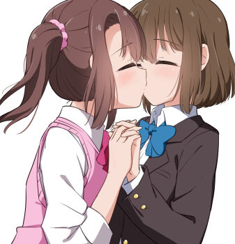 Rule 34 | 2girls, black jacket, blazer, blue bow, blue bowtie, bob cut, bow, bowtie, brown hair, closed eyes, collared shirt, commentary request, couple, extreme hearts, from side, hair ornament, hair scrunchie, hayama hiyori, highres, holding hands, interlocked fingers, jacket, kiss, kodaka saki, layered sleeves, long sleeves, miruzawa akechi, multiple girls, open clothes, open jacket, pink bow, pink bowtie, pink scrunchie, pink sweater vest, school uniform, scrunchie, shirt, short hair, side ponytail, simple background, sweater vest, upper body, variant set, white background, white shirt, wing collar, yuri