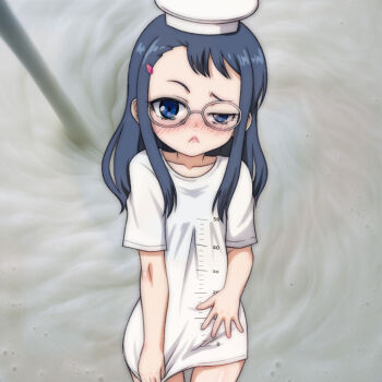 1girl :< black_hair blue_eyes blush clothes_writing collarbone flat_chest glasses graduated_cylinder-chan_(t_jiroo) hair_ornament hairclip hat liquid loli long_hair looking_at_viewer measuring_cylinder mortarboard original oversized_clothes oversized_shirt personification pouring print_shirt pun raised_eyebrow shirt shirt_tug short_sleeves standing t_jiroo_(ringofriend) test_tube white_hat white_shirt