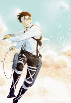 Rule 34 | 1boy, arms up, bandaged head, bandages, belt, black hair, black pants, black shoes, cloud, collared shirt, commentary request, full body, harness, highres, holding, holster, ikichi8tkjn, levi (shingeki no kyojin), looking to the side, male focus, open collar, outstretched arm, pants, parted lips, popped collar, shingeki no kyojin, shirt, shirt tucked in, shoes, short hair, sideways glance, sky, sleeve cuffs, solo, three-dimensional maneuver gear, white shirt