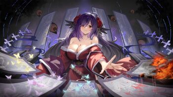 1girl azur_lane bare_shoulders black_thighhighs blue_butterfly breasts bug burning butterfly cleavage collarbone flight_deck floral_print flower game_cg golden_butterfly hair_flower hair_ornament hair_over_one_eye highres houshou_(azur_lane) houshou_(meta)_(azur_lane) insect instrument japanese_clothes kimono large_breasts long_hair long_sleeves non-web_source obi off_shoulder ofuda parted_lips print_kimono purple_butterfly purple_hair purple_kimono red_eyes red_flower red_kimono rigging sash shamisen shikigami sitting smile solo sword thighhighs thighs toes very_long_hair weapon wide_sleeves yokozuwari