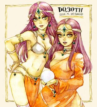 2016 2girls anniversary armlet armor asymmetrical_dress bikini_armor bracelet breasts circlet cleavage cowboy_shot crystal_ball dancer dated dragon_quest dragon_quest_iv dress earrings eyelashes fingernails forehead_jewel gem green_gemstone holding_orb jewelry lipstick loincloth long_hair long_sleeves looking_at_viewer makeup manya_(dq4) medium_breasts metal_belt metal_bikini metal_bra multiple_bracelets multiple_girls nail_polish navel neck_ring orange_dress orb parted_lips pelvic_curtain purple_hair purple_nails sakizou single_bare_shoulder single_sleeve smile sphere_earrings thighlet