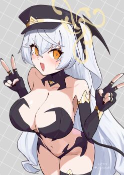 1girl bare_shoulders bikini black_bikini black_gloves black_hat blue_archive blush breasts cleavage collarbone commentary_request demon_tail demon_wings detached_collar detached_sleeves double_v elbow_gloves eri_(blue_archive) fingerless_gloves gloves grey_hair groin hair_between_eyes halo hat head_wings highres huge_breasts long_hair looking_at_viewer navel open_mouth side_ponytail smile solo suzu_saki swimsuit tail thigh_strap thighs v very_long_hair wings yellow_eyes yellow_halo
