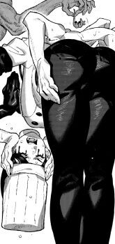 1girl ass black_gloves chainsaw_man chef chef_hat closed_eyes extra_arms falling_devil_(chainsaw_man) gloves hat highres ireading monochrome palms_together solo sweat white_background