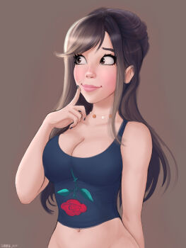 1girl 2024 absurdres apron arm_behind_back black_hair black_nails blue_tank_top breasts brown_background brown_eyes cleavage crop_top floral_print highres hip_bones jewelry large_breasts long_hair makeup mascara midriff navel necklace original pink_lips raised_inner_eyebrows shadman signature smile solo tank_top waist_apron