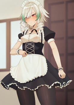 1girl absurdres alternate_costume apron black_pantyhose breasts commentary_request covered_erect_nipples drill_hair duel_monster enmaided green_hair grey_hair highres maid maid_apron maid_headdress multicolored_hair munyupope pantyhose red_eyes sky_striker_ace_-_camellia wrist_cuffs yu-gi-oh!