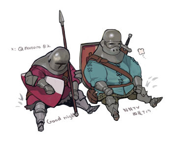 2girls armored_boots artist_name belt blue_jacket boots brown_belt canteen carrying carrying_under_arm commentary_request couter english_text fat fat_woman full_body gauntlets gorget green_pants grey_skirt head_down helm helmet holding holding_polearm holding_weapon jacket long_sleeves multiple_girls multiple_others nanora original pants polearm poleyn red_jacket scabbard sheath shield shield_on_back shoulder_belt side-by-side simple_background sitting skirt spear spread_legs sword sword_on_back twitter_username weapon weapon_on_back white_background writing