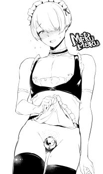 1boy absurdres apron apron_lift arm_at_side aroused artist_name bar_censor bare_shoulders blush censored chastity_cage chastity_cage_emission choker clothes_lift commentary_request cowboy_shot cross-laced_clothes cross-laced_dress crossdressing crossdressing_(mtf) dress elbow_gloves embarrassed flying_sweatdrops foreskin frilled_choker frilled_dress frills furrowed_brow gloves gluteal_fold greyscale hair_over_one_eye hair_ribbon highres lace lace-trimmed_gloves lace_trim lifting_own_clothes lineart maid maid_headdress male_focus male_maid merumeru_(ts_tox_mlml) monochrome nipple_bar nipple_piercing nipples no_panties nub_chastity_cage one_eye_covered open_mouth original piercing precum pubic_stubble revealing_clothes ribbon scoop_neck short_hair simple_background sleeveless sleeveless_dress small_chastity_cage small_sweatdrop small_testicles solo sweat testicles thighhighs trap waist_apron wavy_mouth