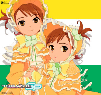 Rule 34 | 2girls, album cover, annindoufu (oicon), bonnet, bow, bowtie, brown eyes, brown hair, closed mouth, copyright notice, cover, dress, drop shadow, flower, futami ami, futami mami, green flower, idolmaster, idolmaster (classic), idolmaster sp, long sleeves, looking at viewer, multiple girls, official art, short hair, siblings, side ponytail, sisters, smile, third-party source, twins, yellow bow, yellow bowtie, yellow dress