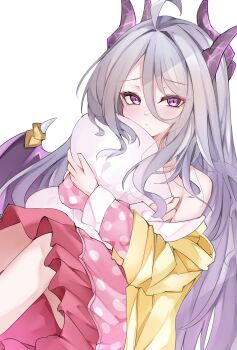 1girl ahoge blue_archive breasts demon_girl demon_horns demon_wings highres hina_(blue_archive) hina_(pajamas)_(blue_archive) horns hugging_object jacket long_hair looking_at_viewer low_wings mutou_mame pajamas pillow pillow_hug pink_pajamas polka_dot polka_dot_pajamas purple_eyes sitting small_breasts solo very_long_hair white_hair wings yellow_jacket
