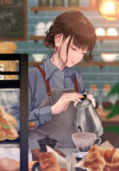 1girl bad_id bad_pixiv_id blue_nails brown_hair coffee_filter coffee_pot croissant cup disposable_coffee_cup disposable_cup earrings eyeliner food half-closed_eyes highres jewelry makeup mole mole_under_eye multicolored_nails nail_polish original red_nails saitou_(lynx-shrike) sandwich slice_of_life solo yellow_nails