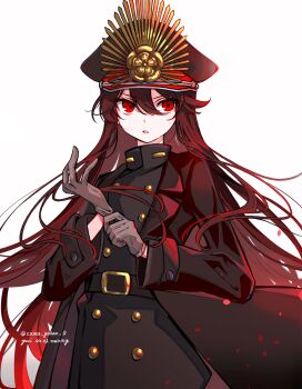 1girl adjusting_clothes adjusting_gloves belt belt_buckle black_belt black_hair black_jacket buckle buttons commentary_request crest double-breasted family_crest fate/grand_order fate_(series) gloves gold_buttons gradient_hair grey_gloves hat highres jacket long_hair long_sleeves medallion military_hat multicolored_hair oda_nobunaga_(fate) oda_uri peaked_cap red_eyes red_hair simple_background solo twitter_username white_background yui_(tamagohan)