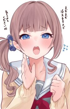 1girl absurdres blue_scrunchie blunt_bangs blush brown_hair cardigan clenched_hand collarbone commentary_request flying_sweatdrops genmai_komeko grey_shirt hair_intakes hair_ornament hair_scrunchie hands_up highres long_hair long_sleeves looking_at_viewer miyamasuzaka_girls&#039;_academy_school_uniform mochizuki_honami musical_note neckerchief open_cardigan open_clothes open_mouth project_sekai puffy_long_sleeves puffy_sleeves raised_inner_eyebrows red_neckerchief sailor_collar school_uniform scrunchie shirt side_ponytail simple_background single_sidelock solo straight-on teeth tongue translation_request upper_body upper_teeth_only white_background white_sailor_collar yellow_cardigan