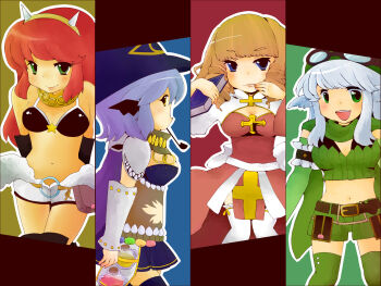 4girls arch_bishop_(ragnarok_online) armor bikini bikini_top_only black_bikini black_wings blue_eyes blue_hair blue_hat blue_skirt blush breasts brown_hair cleavage cleavage_cutout closed_mouth clothing_cutout commentary_request cone_horns cowboy_shot dress drill_hair fake_horns flask genetic_(ragnarok_online) gloves goggles goggles_on_head green_eyes green_gloves green_scarf green_shorts green_thighhighs green_tube_top grey_hair hairband hat head_wings highres horns jumpsuit jumpsuit_around_waist long_hair looking_at_viewer mechanic_(ragnarok_online) medium_breasts miniskirt multiple_girls narita_(narily) navel open_mouth pauldrons pink_hair pleated_skirt potion ragnarok_online ranger_(ragnarok_online) red_dress sash scarf short_hair shorts shoulder_armor skirt smile smoking_pipe strapless swimsuit thighhighs tube_top twin_drills two-tone_dress vambraces white_dress white_horns white_sash white_thighhighs wings witch_hat yellow_hairband