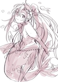 1boy air_bubble amana_raika androgynous bubble closed_mouth earrings fins fish full_body hair_between_eyes hair_ornament hair_ribbon highres jewelry long_hair looking_at_viewer male_focus merman modao_zushi monochrome monster_boy monsterification navel nipples pectorals ponytail ribbon simple_background sketch smile solo topless_male underwater very_long_hair wei_wuxian white_background