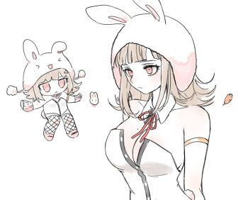 1girl animal_ears animal_hood bare_shoulders blush breasts brown_hair chibi cleavage commentary danganronpa_(series) danganronpa_2:_goodbye_despair fake_animal_ears flipped_hair hood large_breasts leotard medium_hair nanami_chiaki neck_ribbon pink_eyes playboy_bunny rabbit_ears rabbit_hood ribbon solo strapless strapless_leotard umaumakiki untranslatable_commentary white_leotard