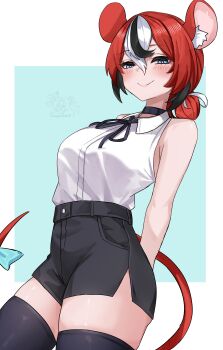 1girl absurdres animal_ears aqua_background arms_behind_back bare_arms black_choker black_hair black_shorts black_thighhighs blue_eyes bow breasts chainsaw_man choker closed_mouth collared_shirt commentary cosplay double-parted_bangs hair_between_eyes hair_bun hakos_baelz high-waist_shorts highres hololive hololive_english looking_at_viewer medium_breasts mouse_ears mouse_girl mouse_tail multicolored_hair neck_ribbon red_hair reze_(chainsaw_man) reze_(chainsaw_man)_(cosplay) ribbon shirt shirt_tucked_in short_hair short_shorts shorts simple_background single_hair_bun sleeveless sleeveless_shirt smile solo soup_(soupysoull) streaked_hair tail tail_bow tail_ornament thighhighs virtual_youtuber white_hair white_shirt