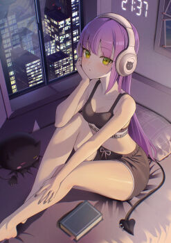 1girl absurdres alternate_costume alternate_hairstyle bibi_(tokoyami_towa) black_bra black_nails black_shorts blush book bra breasts cityscape cleavage closed_mouth commentary_request demon_girl demon_tail green_eyes headphones highres hololive long_hair looking_at_viewer nail_polish piercing purple_hair shorts small_breasts solo tail tail_ornament tail_piercing tokoyami_towa underwear uw_chanmaru very_long_hair virtual_youtuber