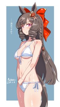 1girl a.nori animal_ears bare_shoulders bikini blush bow braid breasts brown_hair cleavage collarbone commentary_request daiichi_ruby_(umamusume) drill_hair hair_bow hair_ornament highres horse_ears horse_girl horse_tail long_hair looking_at_viewer medium_breasts navel purple_eyes red_bow solo stomach swimsuit tail twin_drills umamusume white_bikini