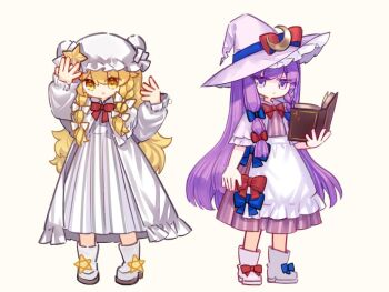 Rule 34 | 2girls, alternate costume, apron, arm up, black dress, blonde hair, blue bow, bow, bowtie, braid, capelet, commentary request, cosplay, costume switch, crescent, crescent hat ornament, deformed, dress, footwear bow, frilled apron, frilled sleeves, frills, full body, grey background, hair bow, hand up, hat, hat bow, hat ornament, kirisame marisa, long hair, long sleeves, mob cap, multiple girls, patchouli knowledge, pink capelet, pink hat, pink shoes, pleated dress, puffy long sleeves, puffy sleeves, purple dress, purple eyes, purple hair, red bow, red bowtie, shieryue1225, shoes, simple background, standing, star (symbol), star hat ornament, striped clothes, striped dress, touhou, twin braids, vertical-striped clothes, vertical-striped dress, very long hair, waist apron, white apron, white bow, white dress, white hat, white shoes, witch hat, yellow eyes