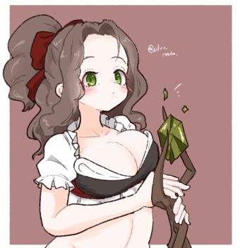 1girl blush border bow breasts brown_background brown_hair cleavage closed_mouth commentary_request dot_mouth forehead frilled_shirt frills green_eyes hair_bow holding holding_staff large_breasts long_hair looking_at_viewer mage_staff olto_rondo original outside_border red_bow shirt short_sleeves solo staff stomach upper_body white_border white_shirt