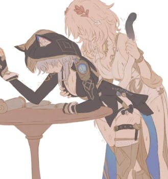 aglaea_(honkai:_star_rail) animal_ear_fluff animal_ears artist_name bare_shoulders black_bodysuit black_gloves blonde_hair bodysuit boots bracelet breasts cat_ears cat_girl cat_ornament cat_tail cipher_(honkai:_star_rail) closed_mouth commentary covered_eyes cowboy_shot dress english_commentary fingerless_gloves flower gloves gold_boots gold_bracelet gold_necklace grabbing_another&#039;s_breast greco-roman_clothes grey_hair groping hair_flower hair_ornament hair_over_eyes hand_up honkai:_star_rail honkai_(series) hood hooded_bodysuit jewelry korshokor large_breasts laurel_crown medium_breasts necklace open_mouth scroll short_hair sidelocks simple_background sleeveless sleeveless_dress standing sweat table tail thigh_strap white_background white_dress white_flower yuri