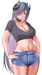 Rule 34 | 1girl, absurdres, august von parseval (azur lane), azur lane, black hair, black shirt, blue eyes, blue shorts, breasts, cleavage, collarbone, commentary, commission, denim, denim shorts, english commentary, gradient hair, grin, hair over one eye, hands on own hips, highres, horns, large breasts, long hair, looking at viewer, makudesu, multicolored hair, navel, purple hair, shirt, short sleeves, shorts, simple background, smile, thighs, two-tone hair, white background