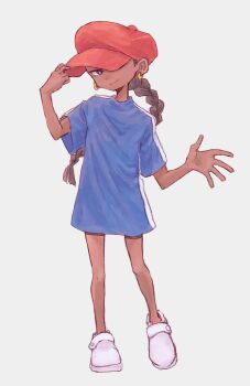 1girl adjusting_clothes adjusting_headwear black_hair blue_shirt braid braided_ponytail codename:_kids_next_door dark-skinned_female dark_skin earrings full_body hat hat_over_one_eye highres himari_ra hoop_earrings jewelry newsboy_cap numbuh_5 red_hat shirt shoes short_sleeves simple_background single_braid smile solo standing webp-to-png_conversion white_background white_shoes