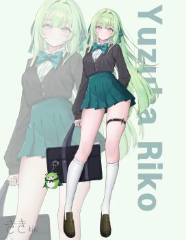1girl absurdres aqua_bow aqua_bowtie aqua_skirt arms_at_sides bag bag_charm black_cardigan bow bowtie brown_shoes cardigan center-flap_bangs character_charm character_name charm_(object) chico_(yuzuha_riko) closed_mouth collared_shirt commentary_request green_hair hair_intakes high-waist_skirt highres holding holding_bag kiki_(akasaka0818) kneehighs korean_commentary loafers long_hair long_sleeves looking_at_viewer miniskirt pleated_skirt purple_eyes school_bag school_uniform shirt shoes shoulder_bag skirt smile socks solo standing stellive straight_hair thigh_strap very_long_hair virtual_youtuber white_background white_shirt white_socks yuzuha_riko zoom_layer