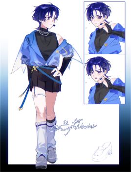 1boy adjusting_headset alternate_costume armor armpit_crease arms_at_sides belt black_bridal_gauntlets black_shirt black_shorts black_socks blue_belt blue_shirt blue_sleeves blunt_ends bodysuit bridal_gauntlets character_profile closed_mouth cnorkie contemporary covered_collarbone earrings eyeliner eyeshadow full_body furisode_sleeves garter_belt genshin_impact gold_ring hakama hakama_shorts hand_on_own_hip headset highres idol japanese_armor japanese_clothes jewelry kneehighs kote kurokote lapels layered_shirt leg_warmers looking_at_viewer looking_to_the_side makeup male_focus mandarin_collar mid-stride middle_ring off_shoulder pectorals pleated_shorts purple_eyes purple_pupils red_eyeliner red_eyeshadow scaramouche_(genshin_impact) see-through_clothes see-through_sleeves shirt shoes short_sleeves shorts signature socks solo sweat teeth tsurime turtleneck turtleneck_bodysuit twitter_username upper_teeth_only wanderer_(genshin_impact) white_background white_leg_warmers white_shoes wispy_bangs