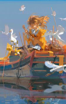 1girl absurdres anchor bag bird boat brown_hair closed_eyes commentary_request flag hair_lift highres holding_instrument holding_ukulele instrument jacket long_hair music orange_jacket original playing_instrument redum4 reflection seagull shirt sitting sky solo striped_clothes striped_shirt ukulele water watercraft white_bird