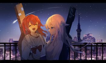 Rule 34 | 2girls, absurdres, blue eyes, bocchi the rock!, bow, brown sailor collar, brown shirt, building, cheng songsongsong, chinese commentary, city, city lights, closed eyes, closed mouth, comet, commentary request, cube hair ornament, fence, floating hair, gotoh hitori, gradient sky, guitar case, hair ornament, hand up, highres, instrument case, iron fence, jacket, kita ikuyo, long hair, multiple girls, night, one side up, open mouth, outdoors, pink hair, red bow, red hair, sailor collar, school uniform, shirt, shuka high school uniform, sky, skyscraper, smile, star (sky), starry sky, track jacket