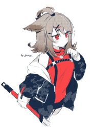 Rule 34 | 1girl, ahoge, animal ears, arknights, black jacket, blush, brown hair, cowlick, cropped legs, cutter (arknights), fox ears, hair ornament, hand up, highres, holding, holding sword, holding weapon, jacket, jewelry, long sleeves, necklace, open clothes, open jacket, pendant, red eyes, red shirt, shirt, simple background, sleeveless, sleeveless shirt, solo, suspenders, sword, symbol-shaped pupils, weapon, x hair ornament, yun (dust-i1)