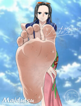 1girl artist_name barefoot black_hair blue_eyes cloud dirty dirty_feet eyewear_on_head feet foot_focus long_hair looking_at_viewer majdutsu nico_robin one_piece signature sky smile soles solo sunglasses sweat toes watermark