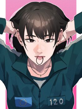 1girl absurdres adjusting_hair aegyo_sal blue_jacket breasts bright_pupils brown_eyes brown_hair cho_hyun-ju closed_mouth collarbone collared_jacket commentary_request film_grain from_above hair_behind_ear hair_between_eyes hair_tie_in_mouth highres jacket jewelry lips long_sleeves looking_at_viewer medium_hair mouth_hold necklace outline outside_border pillarboxed pink_background pink_lips polka_dot polka_dot_background seong_(seong4rt) shirt simple_background single_vertical_stripe small_breasts solo squid_game straight-on swept_bangs track_jacket two-tone_background upper_body white_background white_outline white_pupils white_shirt zipper