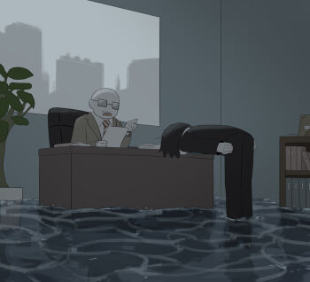 2boys absurdres apologizing avogado6 bald bent_over black_hair black_jacket black_pants blue_necktie business_suit chair commentary_request desk formal_clothes glasses highres indoors jacket multiple_boys necktie office office_chair on_chair opaque_glasses open_mouth original pants plant potted_plant short_hair sitting suit swivel_chair symbolism wading window