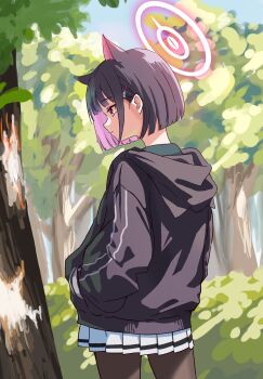 1girl animal_ear_hood animal_ears black_hair black_hoodie black_pantyhose blue_archive blunt_bangs blunt_ends bob_cut cat_ears cat_girl closed_mouth colored_inner_hair commentary_request cowboy_shot day extra_ears fake_animal_ears forest from_side hair_behind_ear hair_ornament hairclip halo hand_in_pocket highres hood hood_down hoodie kazusa_(blue_archive) long_sleeves miniskirt multicolored_hair nature outdoors pantyhose pink_hair pink_halo pleated_skirt profile red_eyes school_uniform short_hair skirt solo tree u-ho_(uhokk00) white_skirt