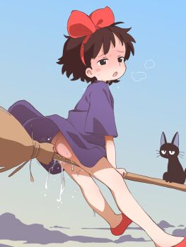 1girl absurdres ass bad_source black_hair blush bottomless broom broom_riding cat clothes_lift dress dress_lift feet hair_ribbon highres jiji_(majo_no_takkyuubin) kiki_(majo_no_takkyuubin) legs loli majo_no_takkyuubin masturbation medium_hair moaning orenjipiiru pussy_juice ribbon rubbing shoes sky studio_ghibli thighs