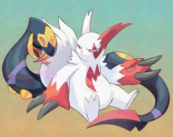 black_eyes claws colored_sclera commentary english_commentary fangs forked_tongue full_body gen_3_pokemon highres looking_at_another nintendo pokemon pokemon_(creature) pokemon_focus red_sclera seviper sitting tabbz tongue tongue_out twitter_username white_fur zangoose