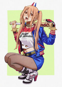 +_+ 1girl baseball_bat belt blonde_hair blush bracelet breasts chainsaw_man cosplay cross-shaped_pupils dc_comics dc_extended_universe fishnet_pantyhose fishnets hair_between_eyes harley_quinn harley_quinn_(cosplay) high_heels holding holding_baseball_bat horns jacket jewelry long_hair looking_at_viewer medium_breasts midriff open_mouth orange_eyes pantyhose power_(chainsaw_man) sharp_teeth shiren_(ourboy83) shirt shorts solo spiked_bracelet spikes squatting suicide_squad symbol-shaped_pupils teeth tongue tongue_out torn_clothes torn_shirt twintails