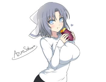 1girl artist_name azuresakura blue_eyes breasts cleavage commentary_request food grey_hair holding holding_food large_breasts long_sleeves looking_at_viewer senran_kagura senran_kagura_estival_versus senran_kagura_shinovi_versus shirt signature smile solo sweet_potato white_background white_shirt yumi_(senran_kagura)
