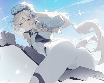 1girl absurdres ass blue_archive blue_sky bodysuit commentary_request from_behind g5_(g5_gugu) grey_eyes hair_tubes halo head-mounted_display highres himari_(armed)_(blue_archive) himari_(blue_archive) hover_bike hover_vehicle mole mole_under_eye no_halo official_alternate_costume pointy_ears sky solo white_bodysuit white_hair white_halo