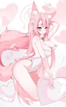 Rule 34 | 1girl, animal ear fluff, animal ears, areola slip, arm behind head, artist name, bare shoulders, bell, blush, breasts, cleavage, closed mouth, commentary, english commentary, fingernails, fishnet pantyhose, fishnets, halo, highleg, highleg leotard, highres, large breasts, leaning forward, leotard, long hair, looking at viewer, mole, mole on breast, neck bell, original, pantyhose, pillow, pink hair, pink halo, ruri (kitsuwi), solo, very long hair, white leotard, yellow eyes