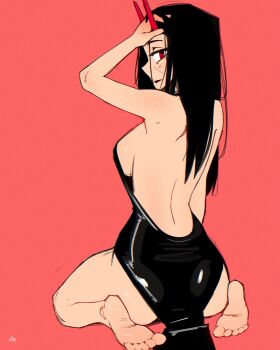 1girl arm_up backless_dress backless_outfit barefoot black_dress black_hair breasts closed_mouth commentary dress feet from_behind full_body hand_on_own_head highres horns large_breasts long_hair looking_at_viewer looking_back original pink_background red_eyes seiza shibansfw sideboob simple_background sitting sleeveless sleeveless_dress soles solo toes