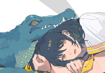 1girl absurdres animal arm_up black_hair crocodile crocodilian hand_on_own_arm hand_up highres leaning_on_person lips looking_to_the_side lying neckerchief on_side original school_uniform serafuku short_hair suemare1 yellow_neckerchief